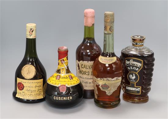 A boxed bottle of A. Hardy & Co VSOP cognac, a bottle of Grand Viel Armagnac, a bottle of Cusenier Apricot